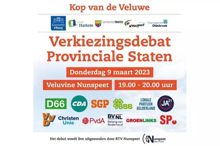 Verkiezingsdebat donderdagavond 9 maart om 19.00 uur in Veluvine Nunspeet
